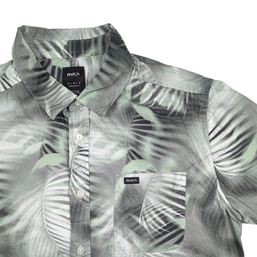 RVCA Mens Grey Green Tropical Palm Leaf Short Sleeve Button Up Shirt Size Medium
